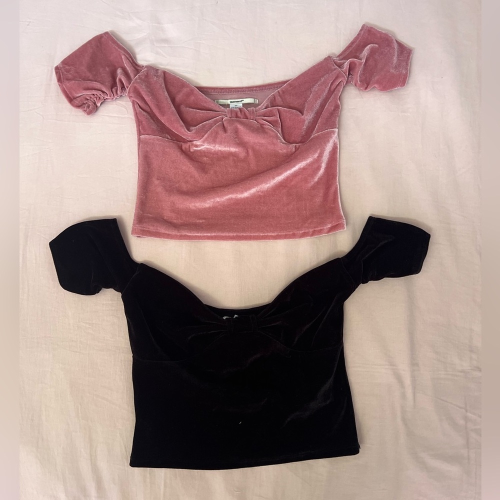 Kimchi Blue Velvet Off-Shoulder Tops - Pink and Black